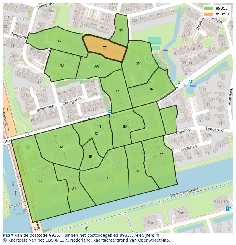 Afbeelding van het postcodegebied 8935 JT op de kaart.