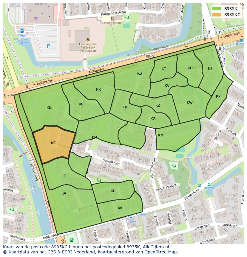 Afbeelding van het postcodegebied 8935 KC op de kaart.