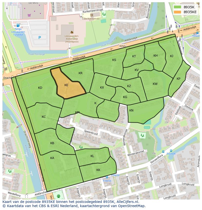 Afbeelding van het postcodegebied 8935 KE op de kaart.