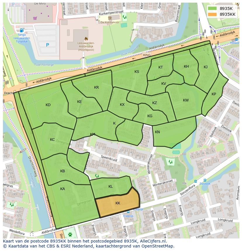 Afbeelding van het postcodegebied 8935 KK op de kaart.