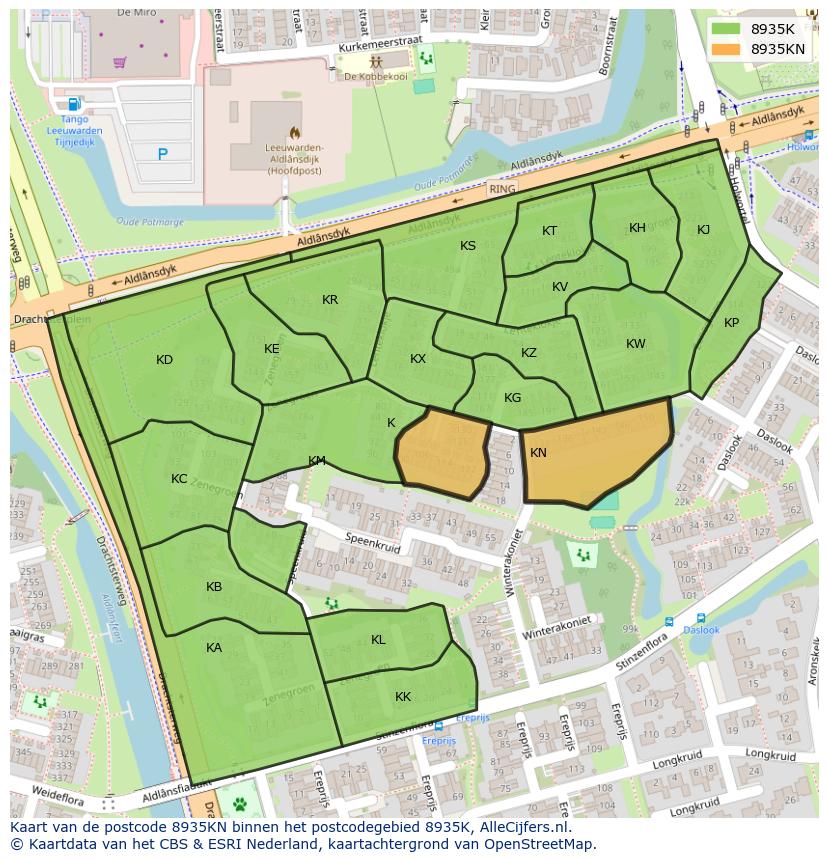 Afbeelding van het postcodegebied 8935 KN op de kaart.