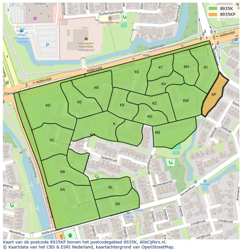 Afbeelding van het postcodegebied 8935 KP op de kaart.