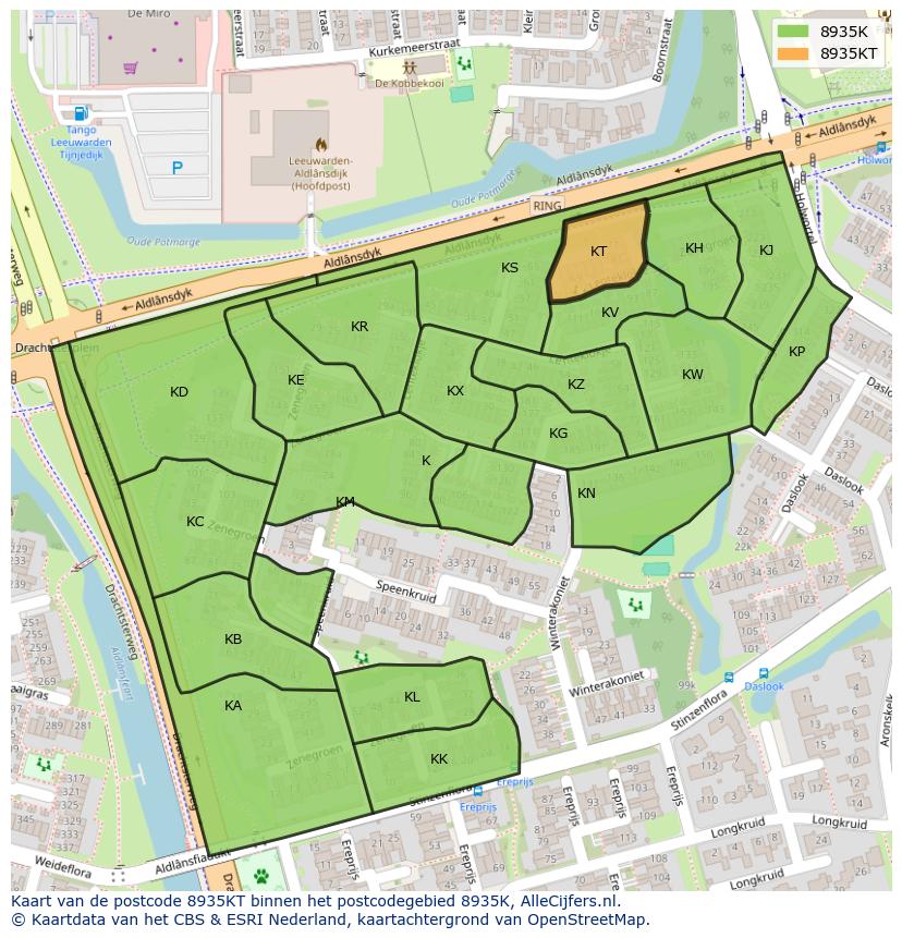 Afbeelding van het postcodegebied 8935 KT op de kaart.