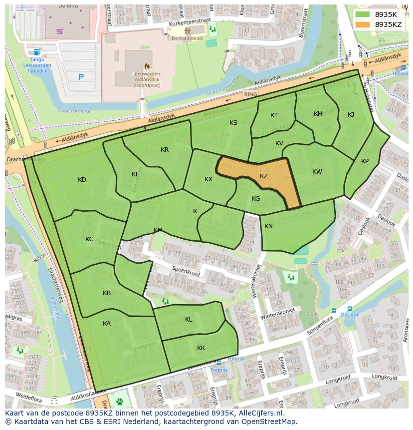 Afbeelding van het postcodegebied 8935 KZ op de kaart.