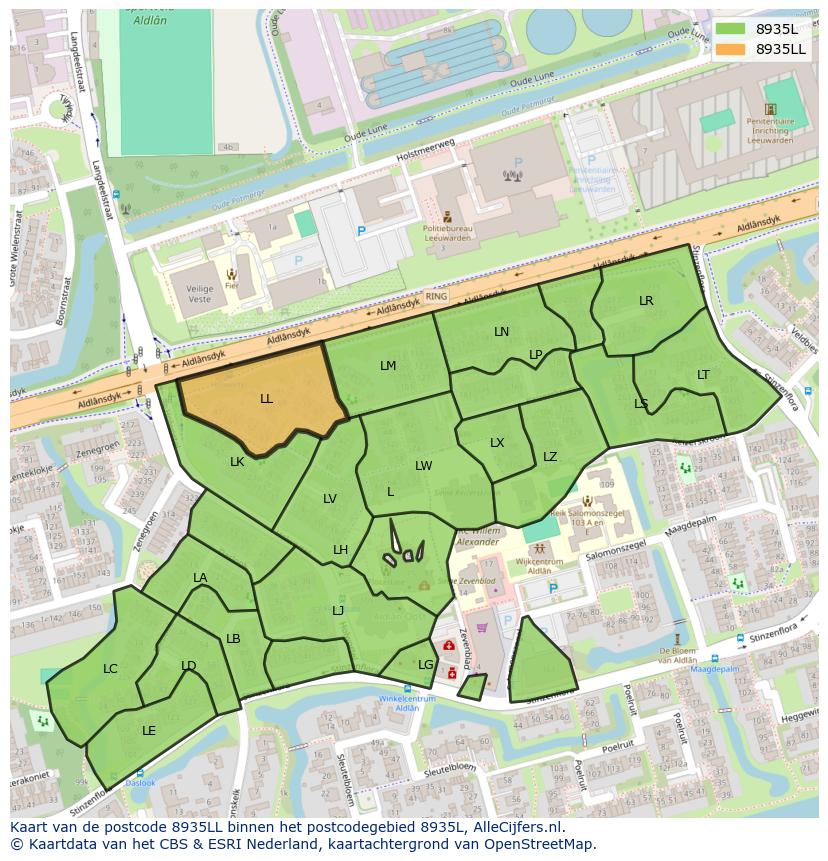 Afbeelding van het postcodegebied 8935 LL op de kaart.