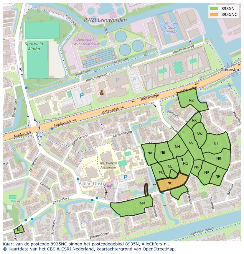 Afbeelding van het postcodegebied 8935 NC op de kaart.