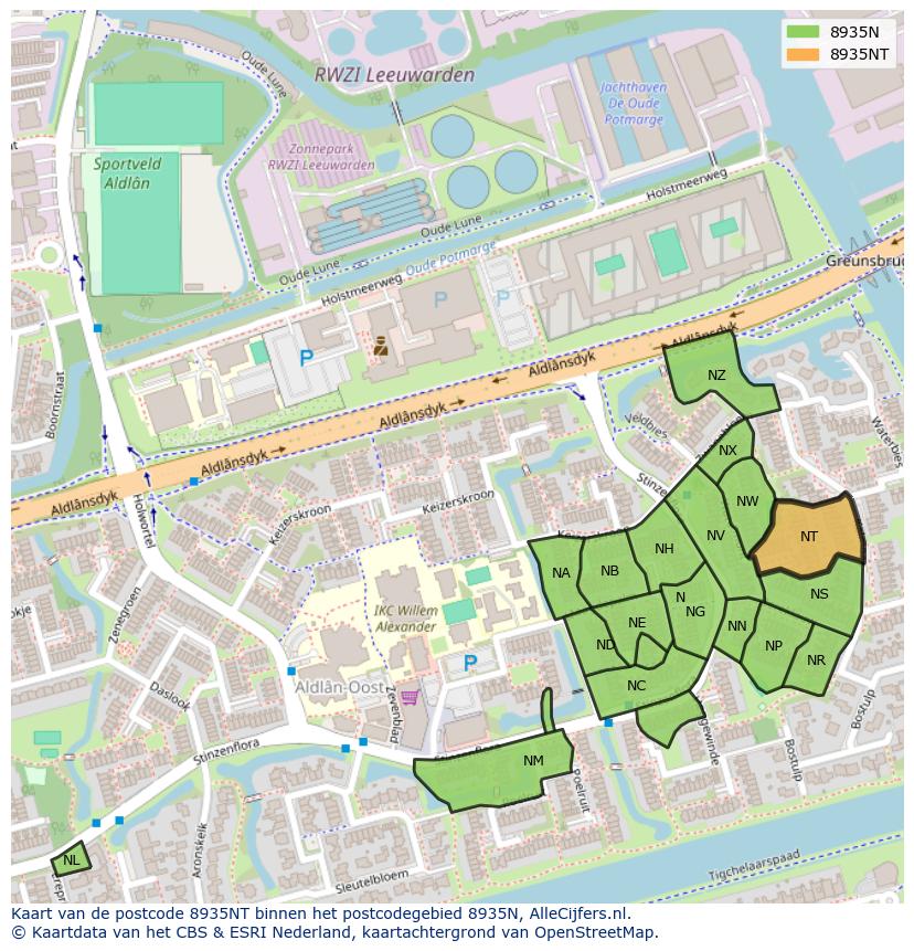 Afbeelding van het postcodegebied 8935 NT op de kaart.