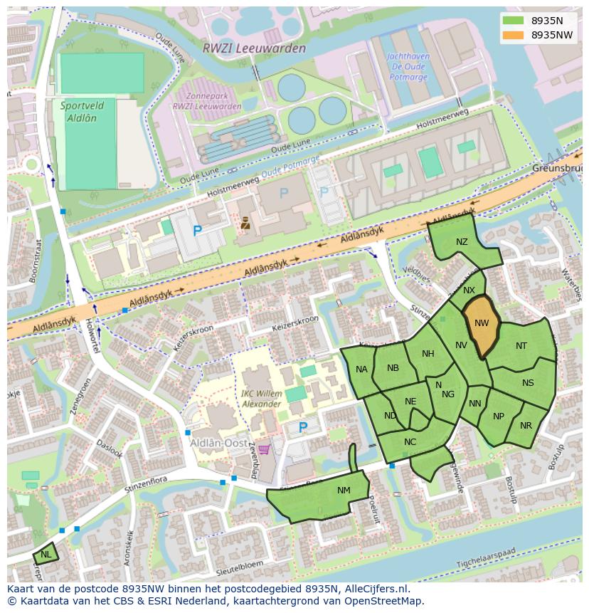 Afbeelding van het postcodegebied 8935 NW op de kaart.
