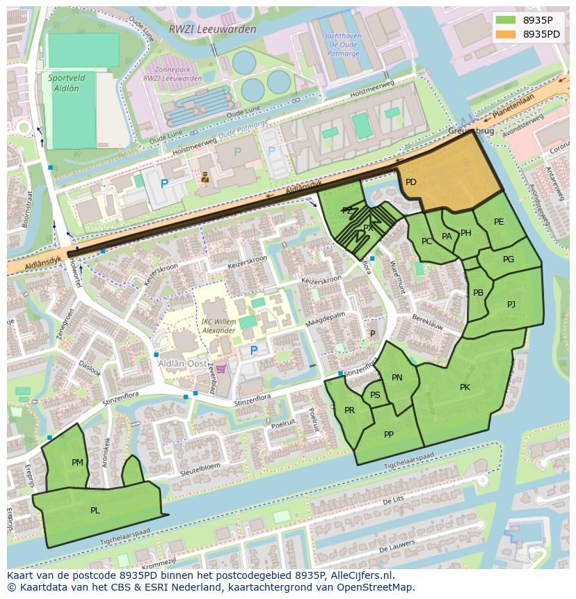 Afbeelding van het postcodegebied 8935 PD op de kaart.