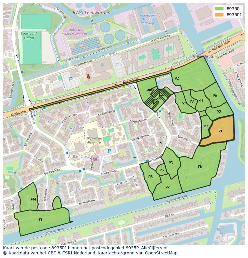 Afbeelding van het postcodegebied 8935 PJ op de kaart.