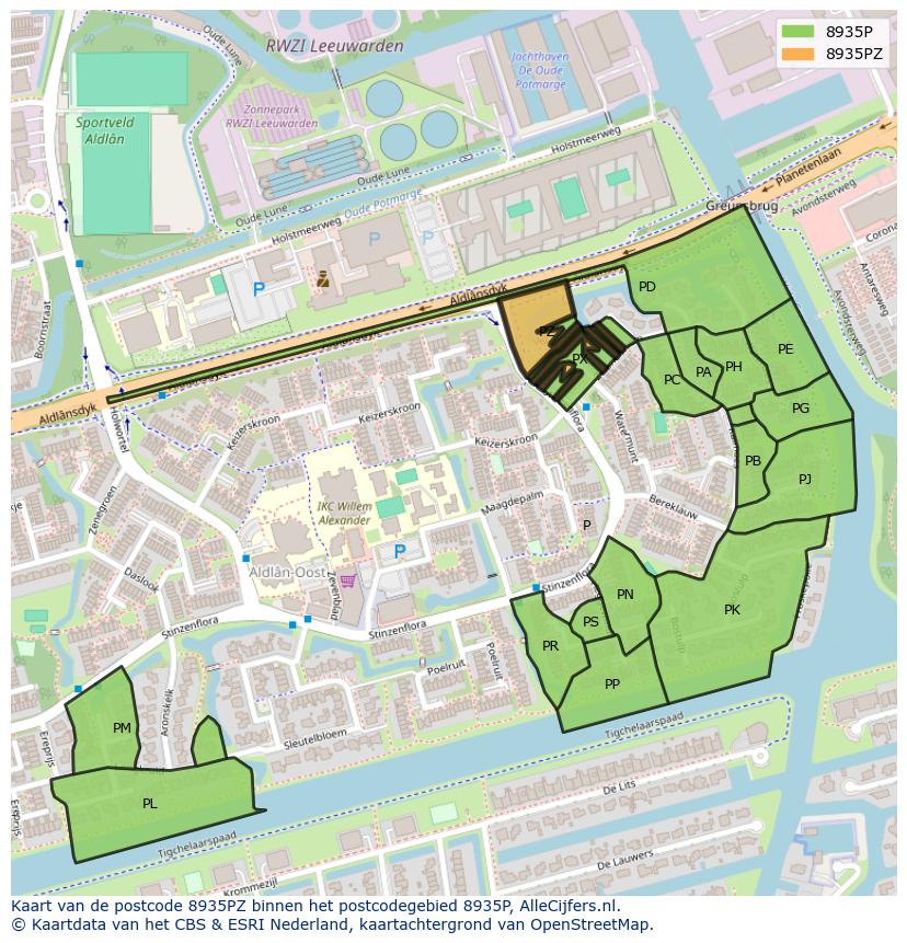 Afbeelding van het postcodegebied 8935 PZ op de kaart.