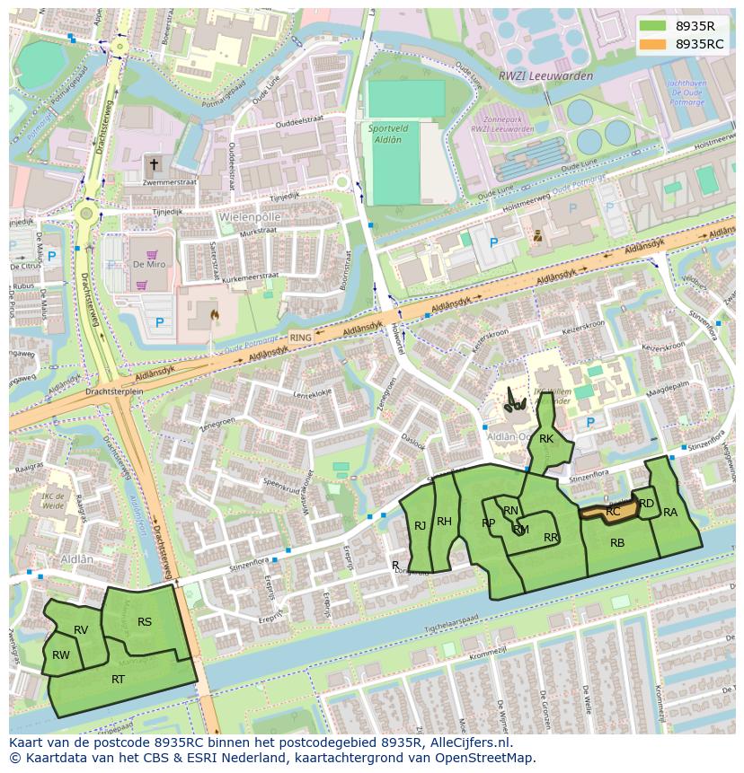 Afbeelding van het postcodegebied 8935 RC op de kaart.