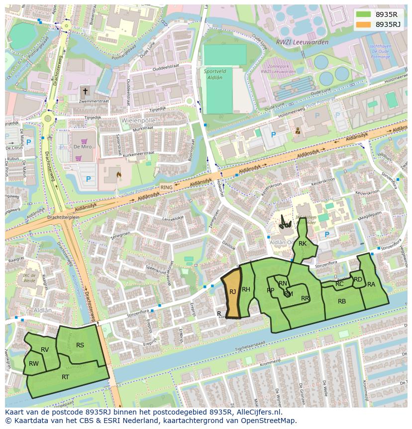Afbeelding van het postcodegebied 8935 RJ op de kaart.
