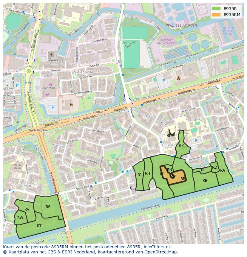 Afbeelding van het postcodegebied 8935 RM op de kaart.