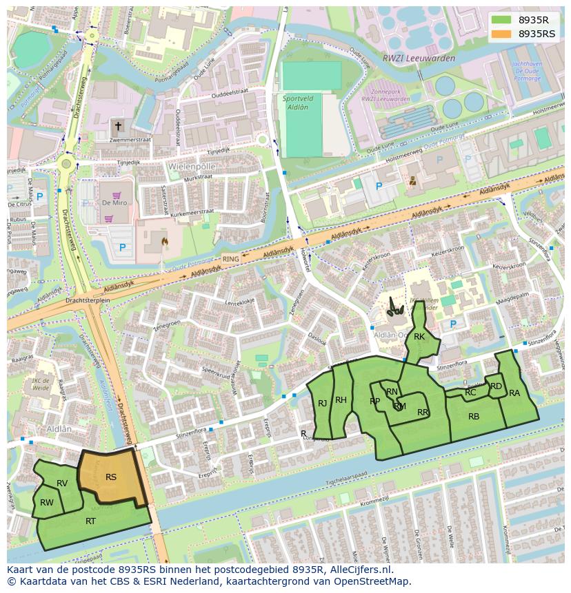 Afbeelding van het postcodegebied 8935 RS op de kaart.