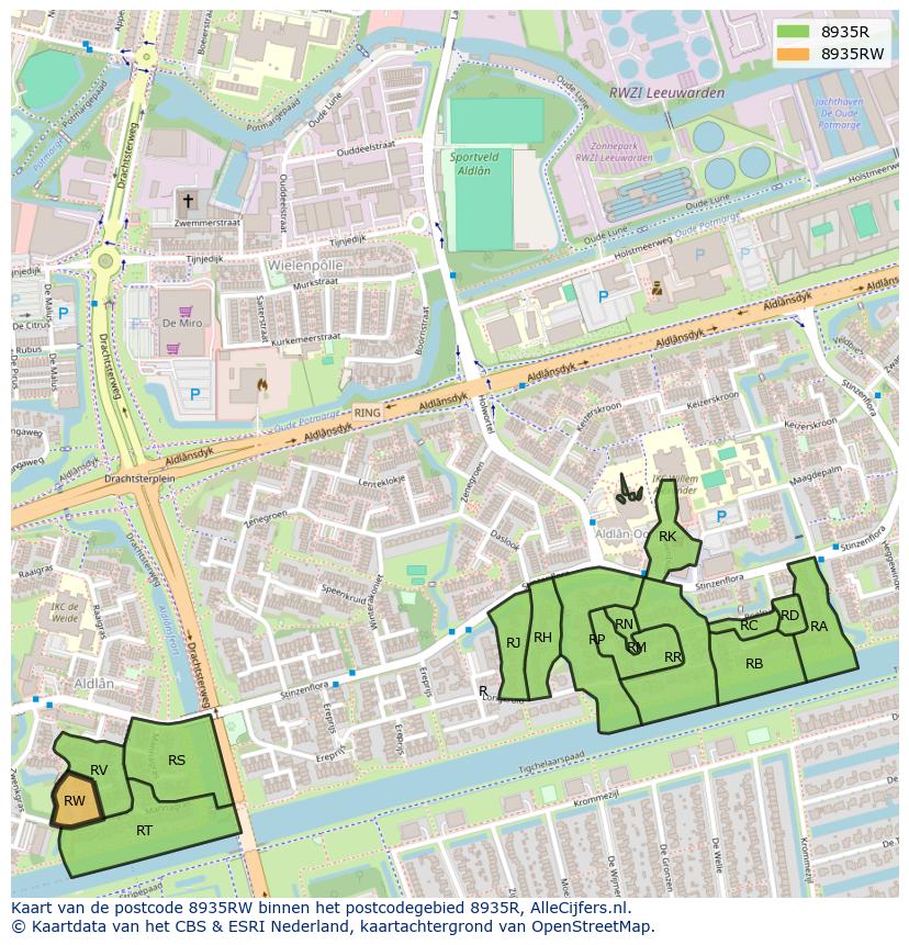 Afbeelding van het postcodegebied 8935 RW op de kaart.