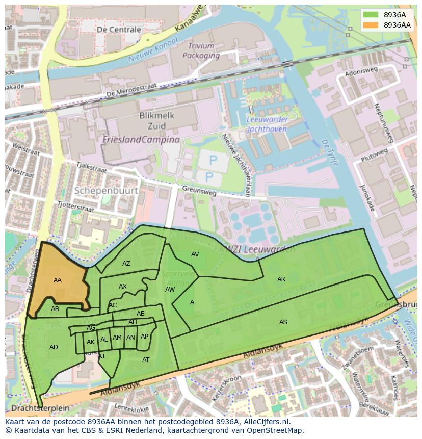 Afbeelding van het postcodegebied 8936 AA op de kaart.