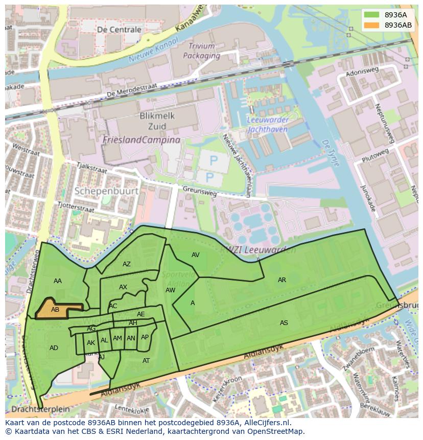 Afbeelding van het postcodegebied 8936 AB op de kaart.
