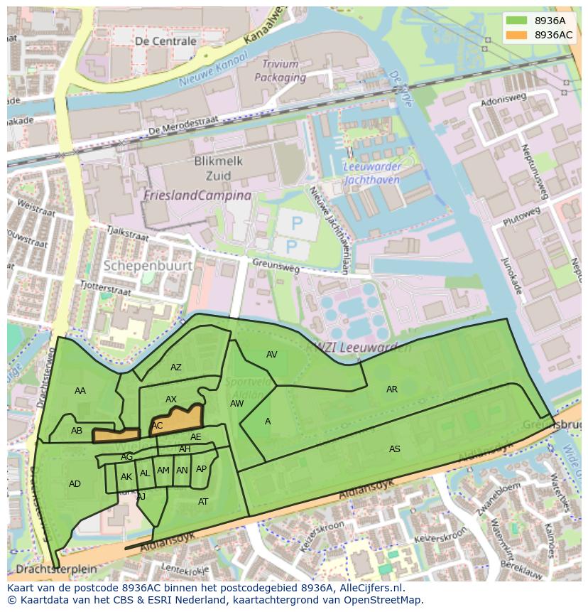 Afbeelding van het postcodegebied 8936 AC op de kaart.
