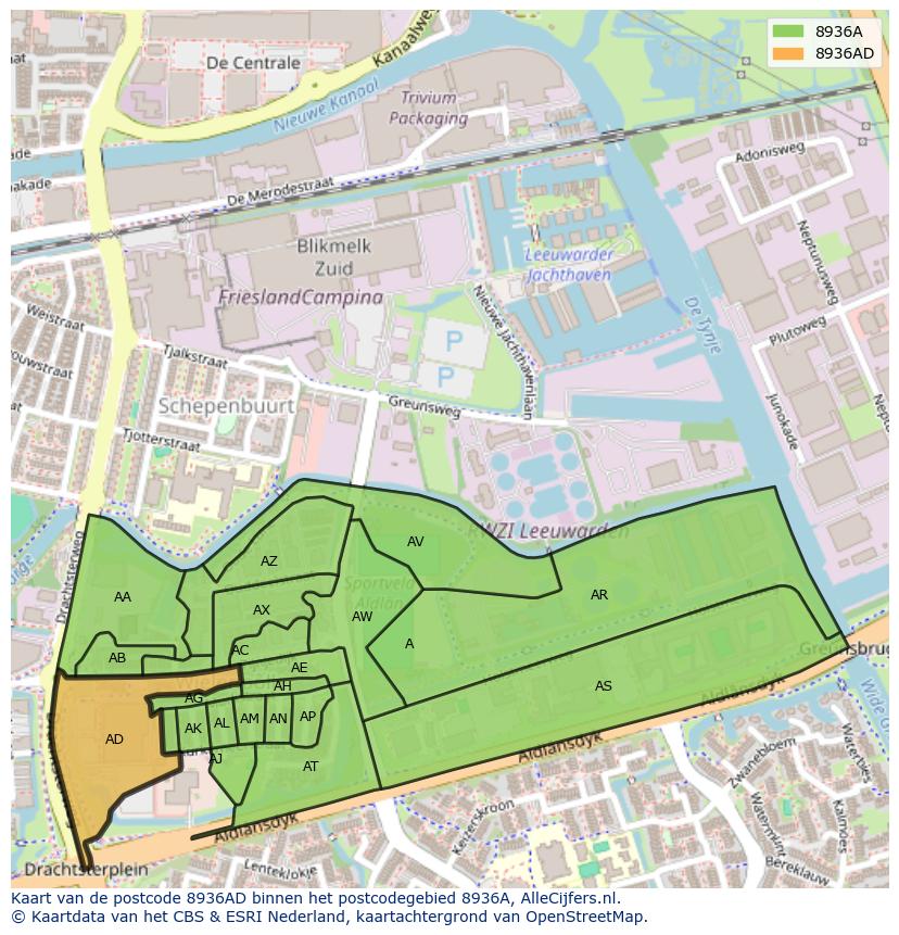 Afbeelding van het postcodegebied 8936 AD op de kaart.