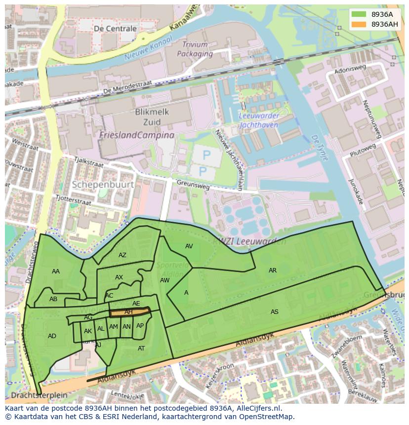 Afbeelding van het postcodegebied 8936 AH op de kaart.