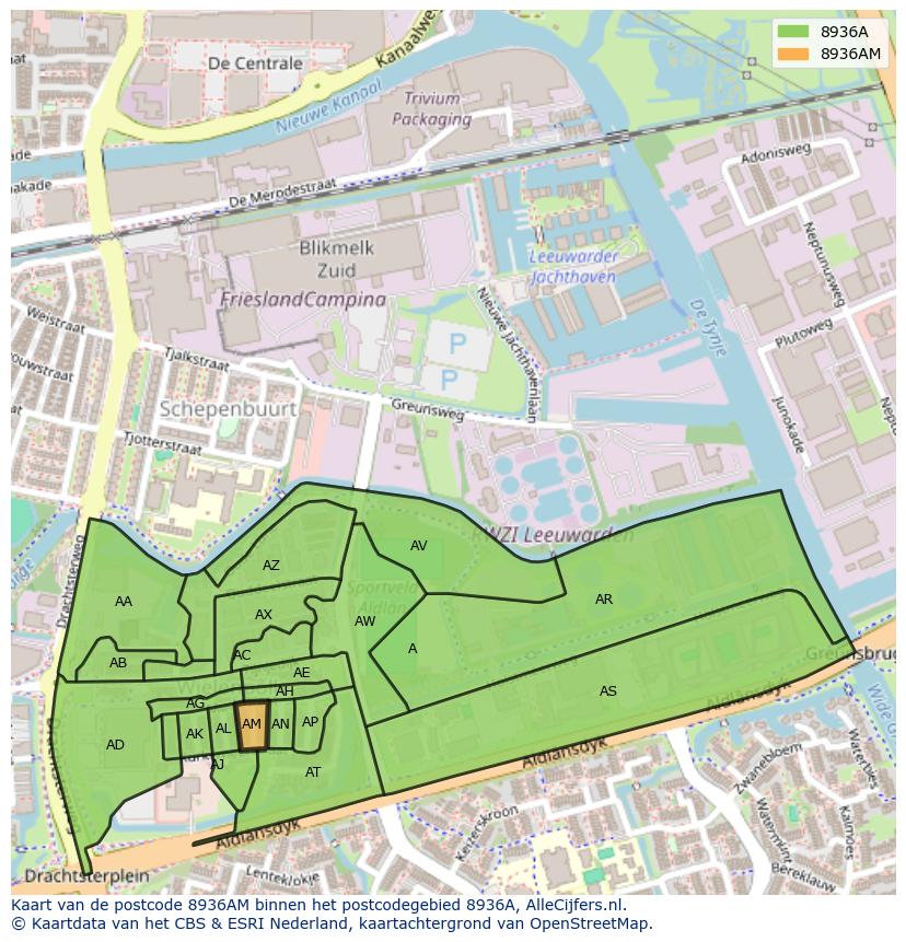 Afbeelding van het postcodegebied 8936 AM op de kaart.