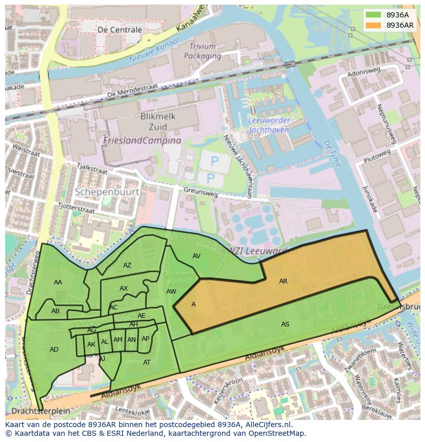 Afbeelding van het postcodegebied 8936 AR op de kaart.