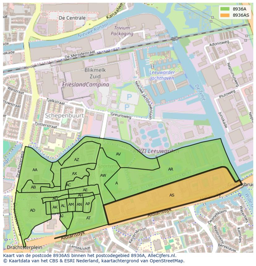 Afbeelding van het postcodegebied 8936 AS op de kaart.