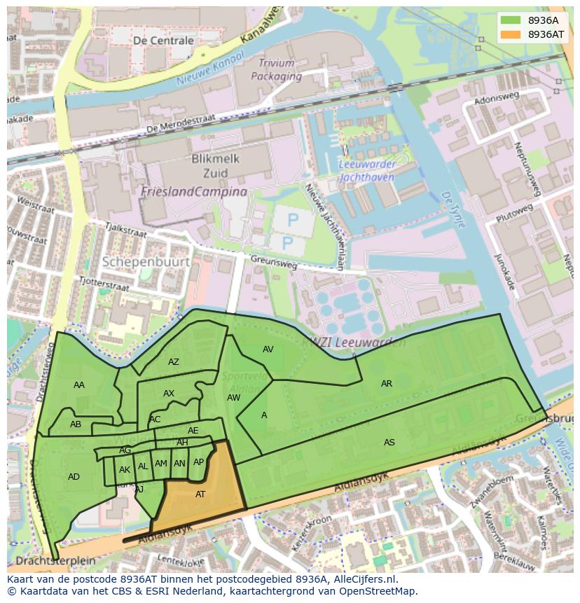 Afbeelding van het postcodegebied 8936 AT op de kaart.