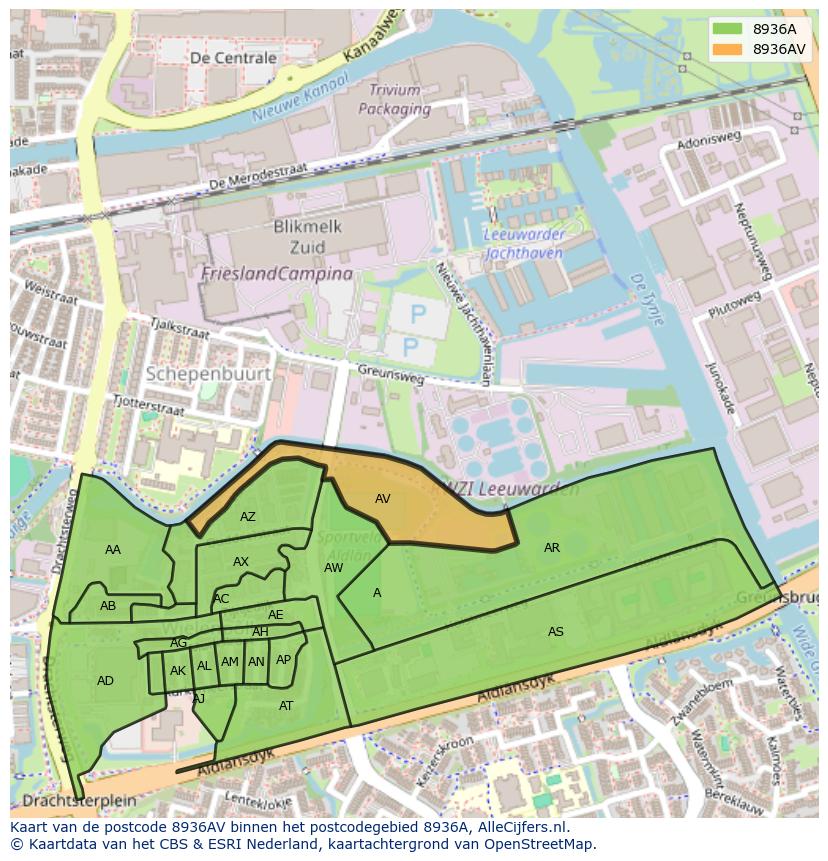 Afbeelding van het postcodegebied 8936 AV op de kaart.
