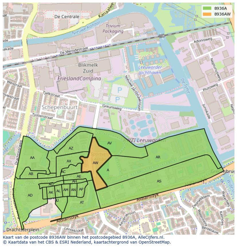 Afbeelding van het postcodegebied 8936 AW op de kaart.