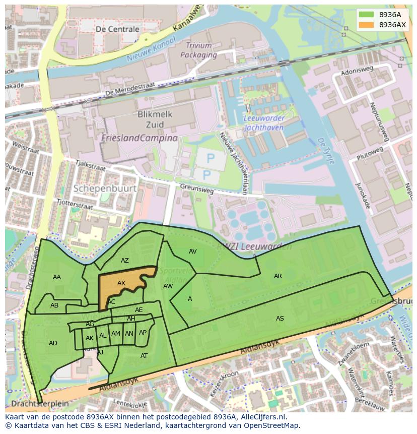 Afbeelding van het postcodegebied 8936 AX op de kaart.