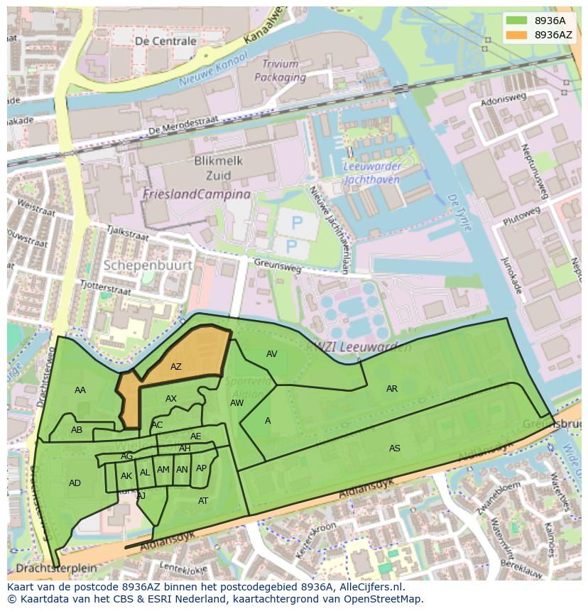 Afbeelding van het postcodegebied 8936 AZ op de kaart.