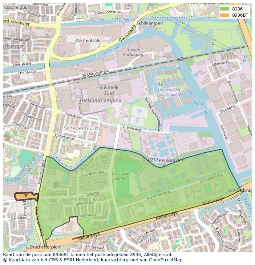 Afbeelding van het postcodegebied 8936 BT op de kaart.