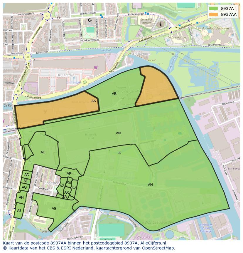 Afbeelding van het postcodegebied 8937 AA op de kaart.
