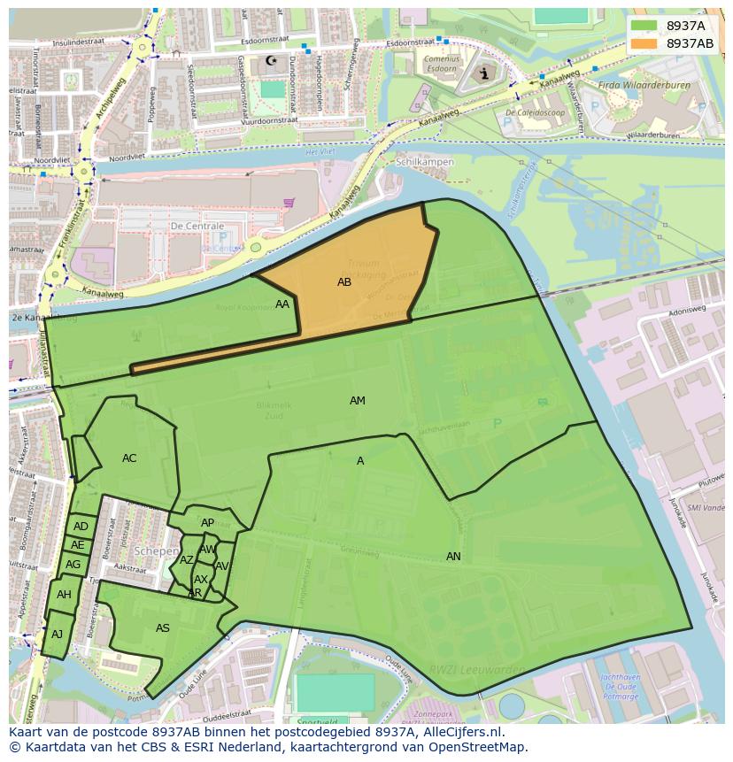 Afbeelding van het postcodegebied 8937 AB op de kaart.