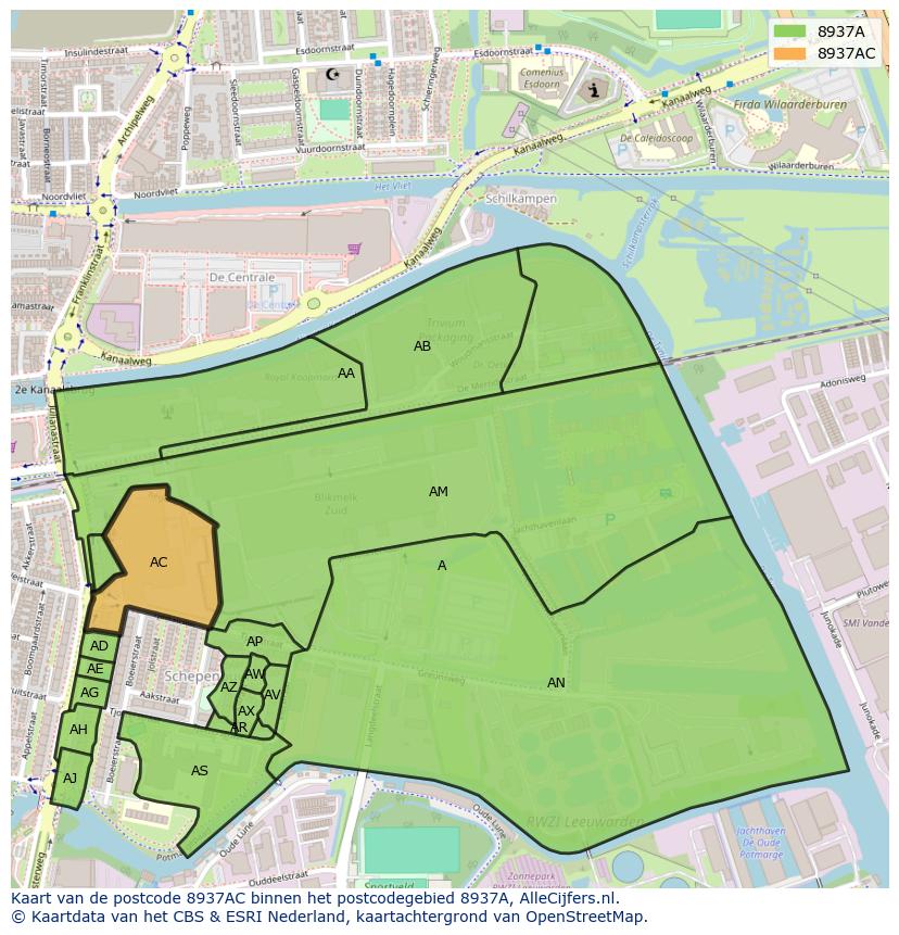 Afbeelding van het postcodegebied 8937 AC op de kaart.