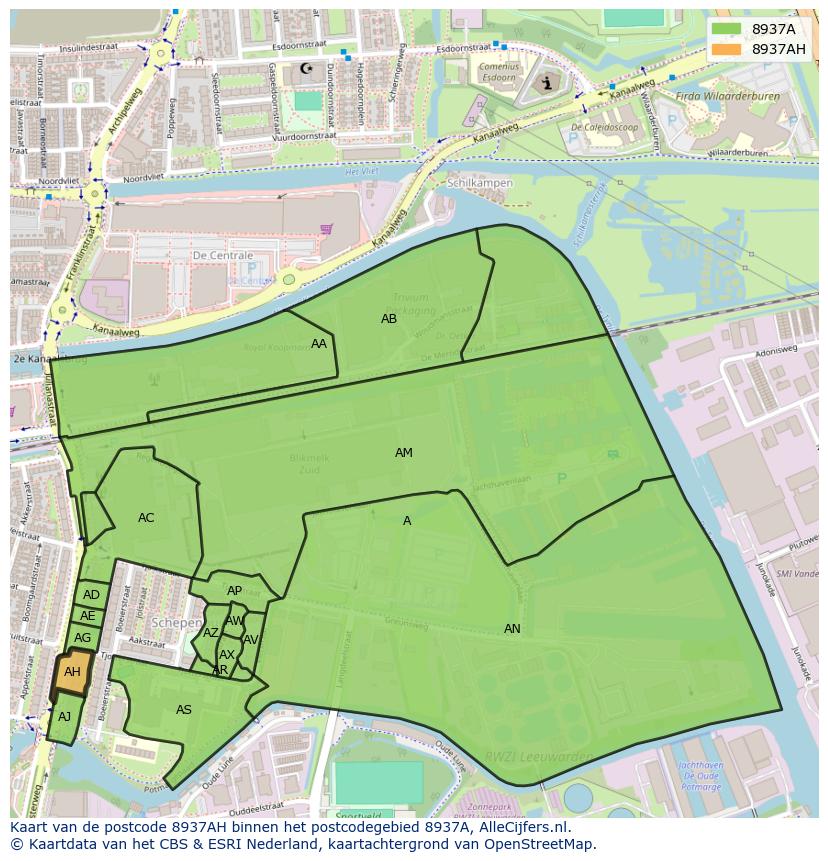 Afbeelding van het postcodegebied 8937 AH op de kaart.