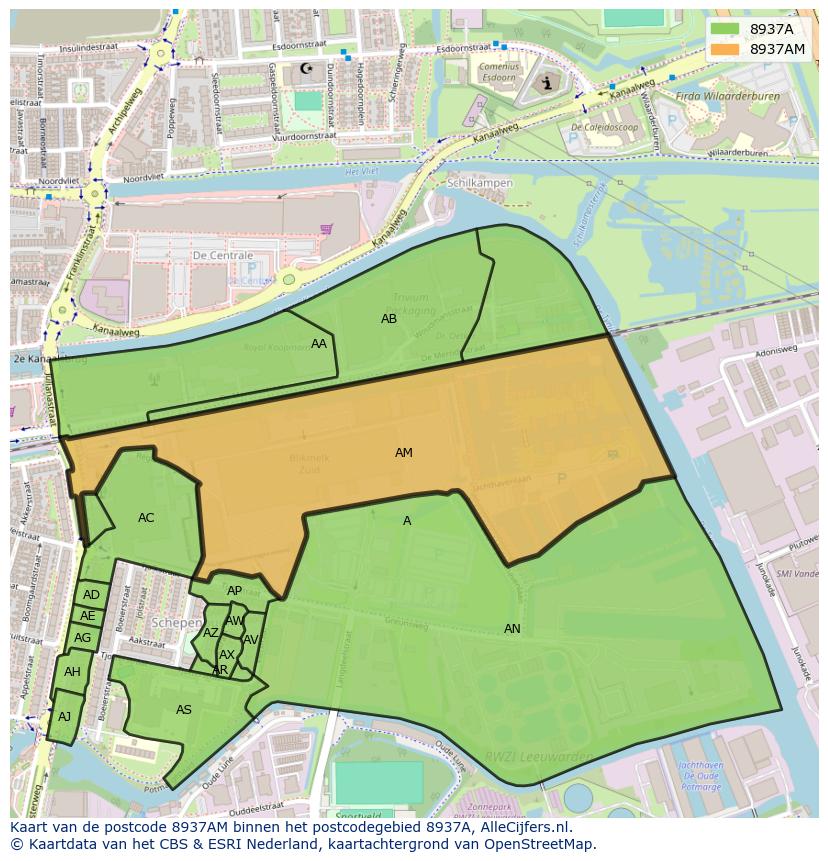 Afbeelding van het postcodegebied 8937 AM op de kaart.