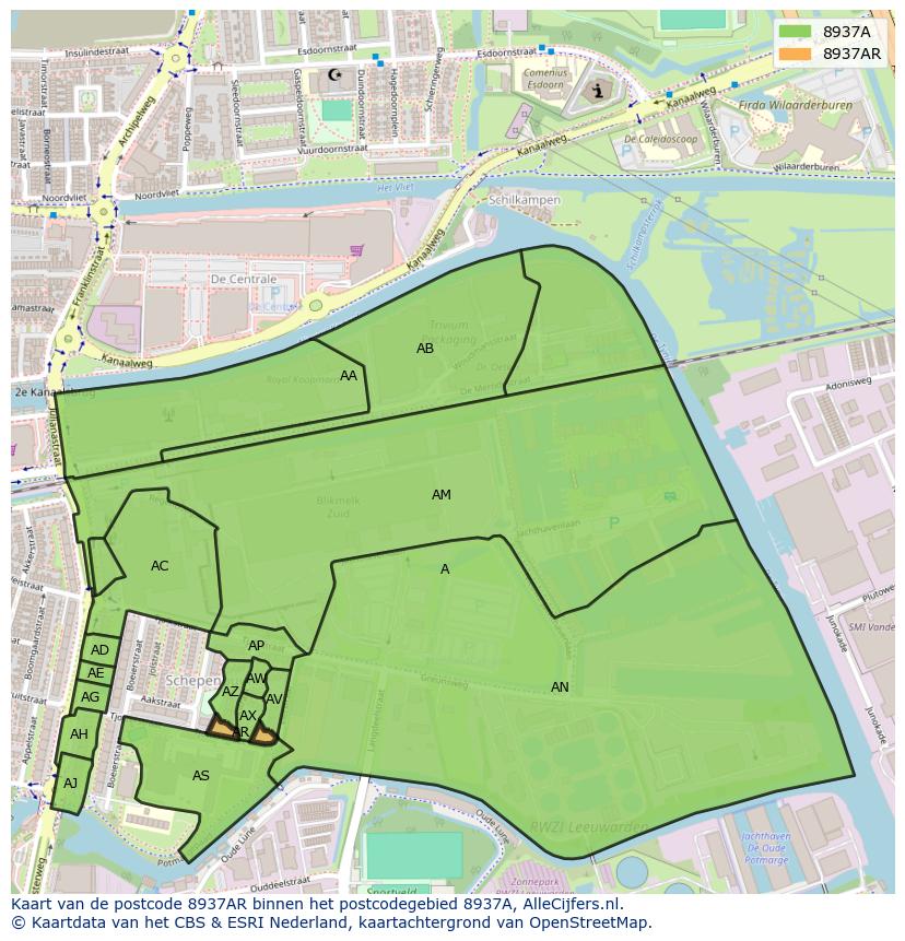 Afbeelding van het postcodegebied 8937 AR op de kaart.