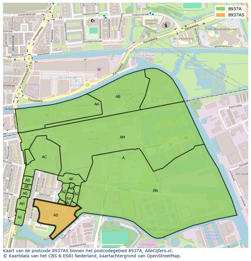Afbeelding van het postcodegebied 8937 AS op de kaart.