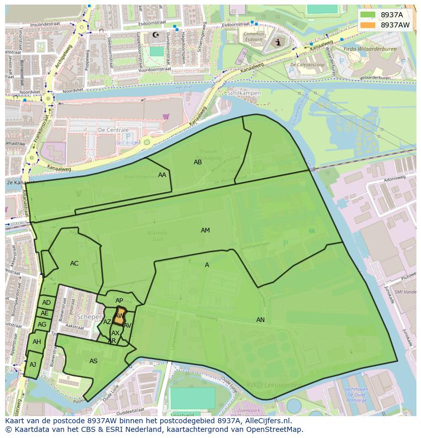 Afbeelding van het postcodegebied 8937 AW op de kaart.