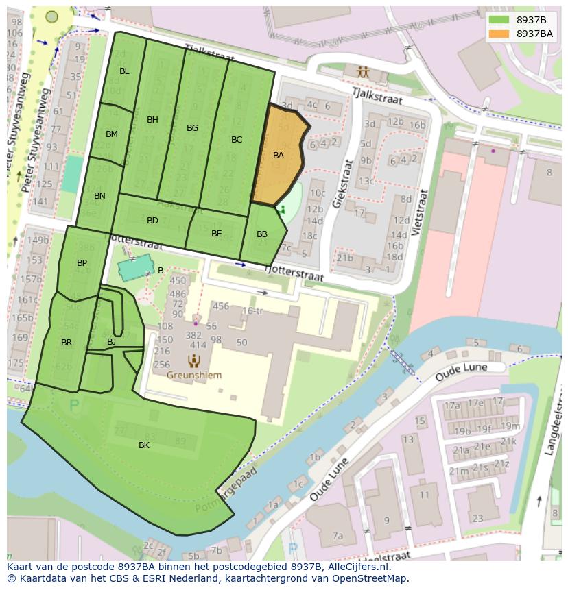 Afbeelding van het postcodegebied 8937 BA op de kaart.