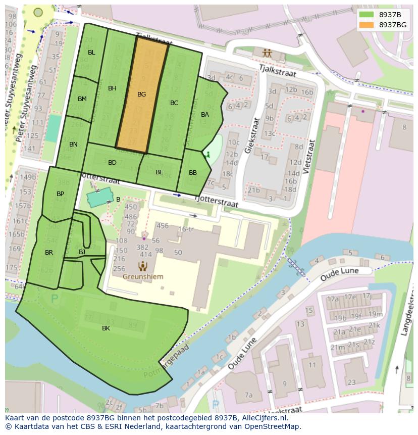 Afbeelding van het postcodegebied 8937 BG op de kaart.