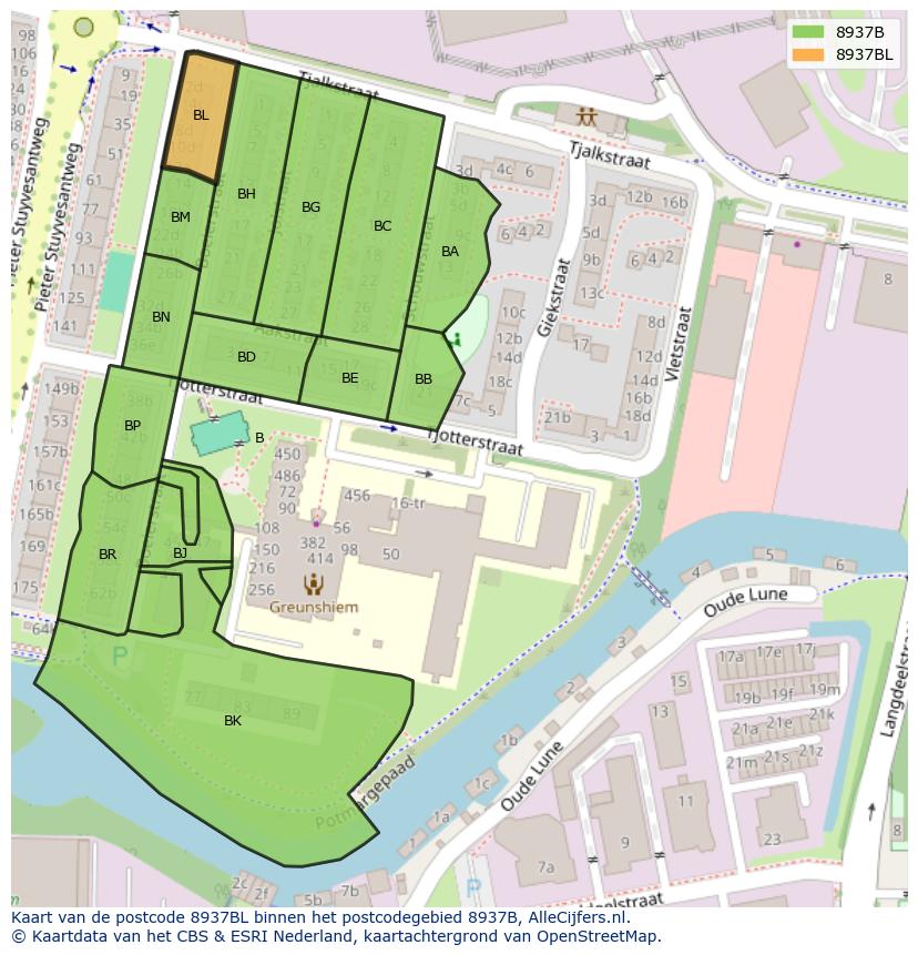 Afbeelding van het postcodegebied 8937 BL op de kaart.