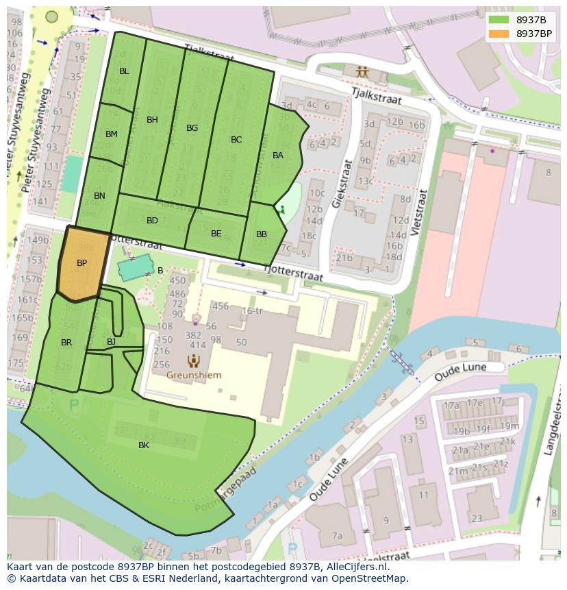 Afbeelding van het postcodegebied 8937 BP op de kaart.