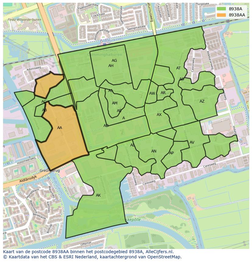 Afbeelding van het postcodegebied 8938 AA op de kaart.