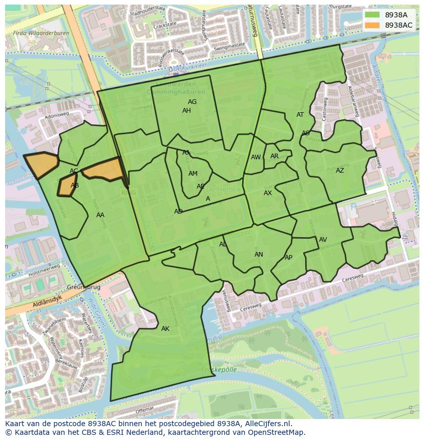 Afbeelding van het postcodegebied 8938 AC op de kaart.