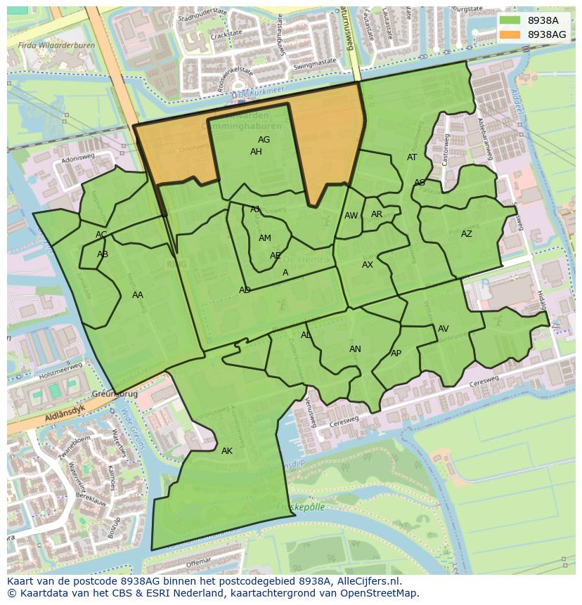 Afbeelding van het postcodegebied 8938 AG op de kaart.