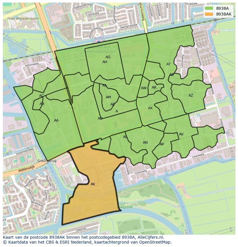 Afbeelding van het postcodegebied 8938 AK op de kaart.